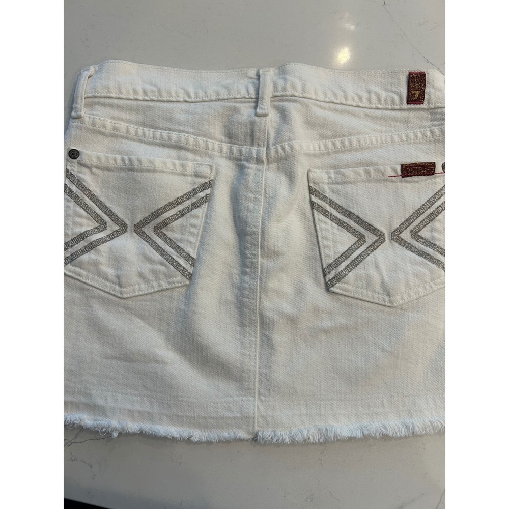 7 For All Mankind Denim Mini Skirt White Silver Embroidered Pocket Frayed‎ Hem